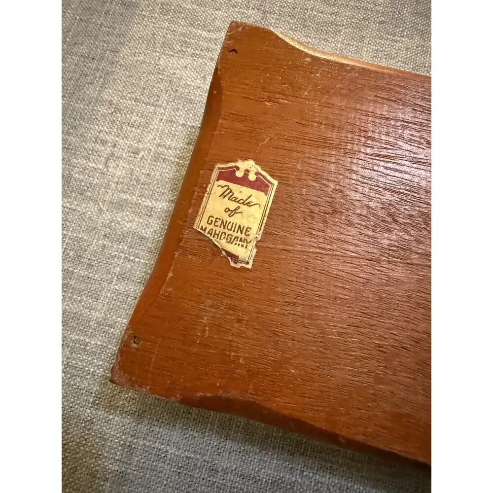 🃏 Vintage Mahogany Wood Playing Card Box Holder w/ Scenic Lid – 11”
